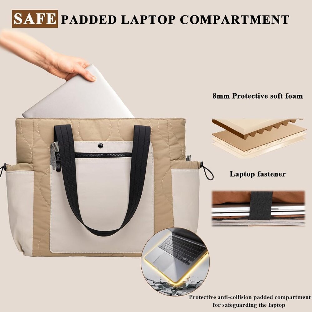 Cream Khaki Lightweight Puffer Tote Bag for Women with Laptop Compartment - Picture 4 of 7